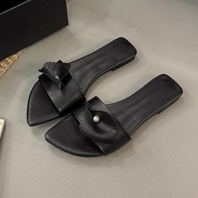 Calla Lily Design Genuine Leather Floral Slip On Sandals