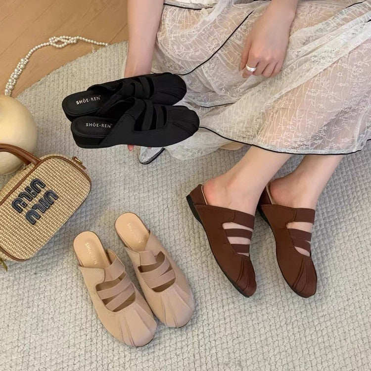 Women Retro Three Strap Split Toe Mule Flats for Summer