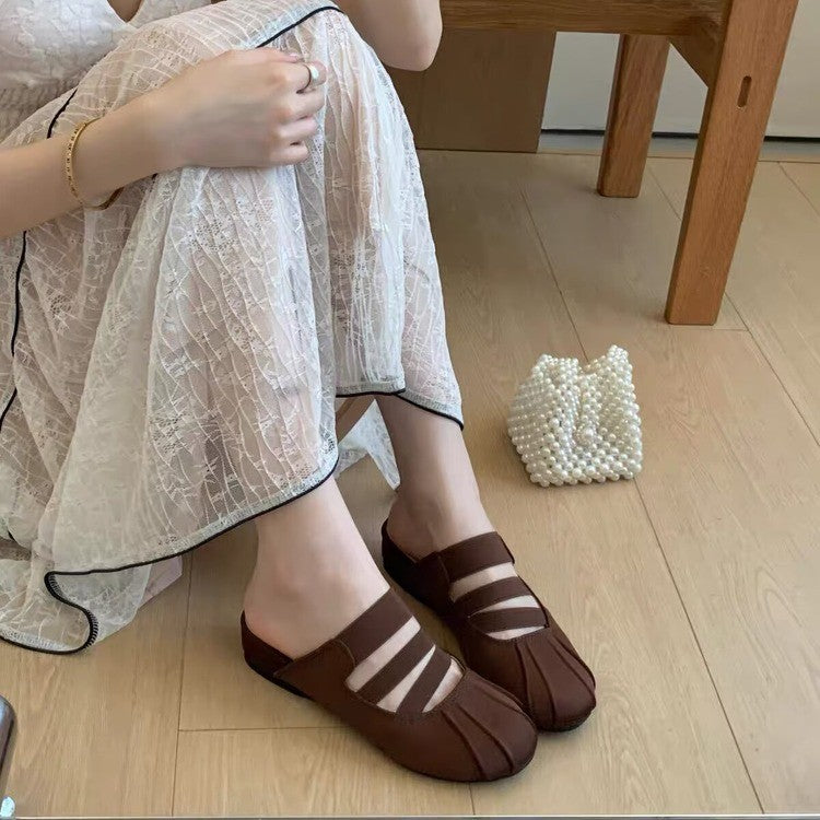 Women Retro Three Strap Split Toe Mule Flats for Summer