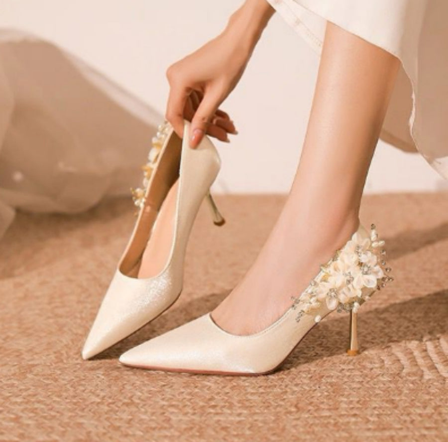 New French Style Women Shoes - Rhinestone Floral Stiletto Heels