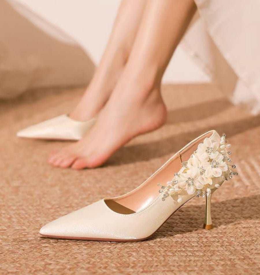 New French Style Women Shoes - Rhinestone Floral Stiletto Heels