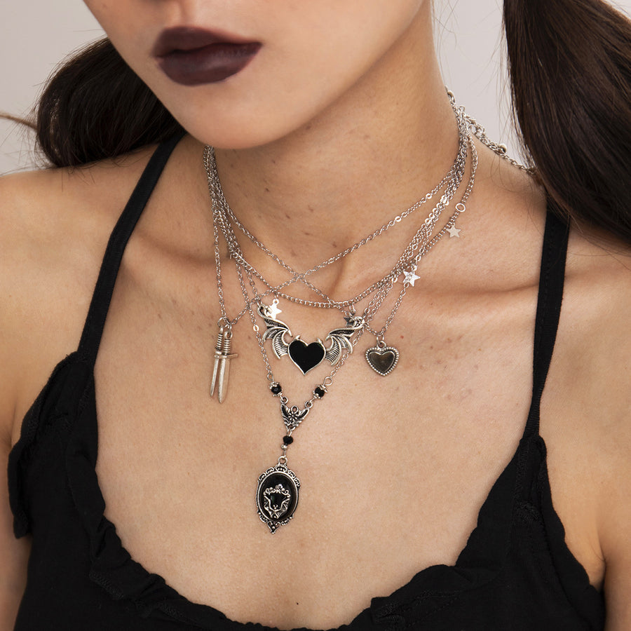 Trendy Heart & Wing Necklace - Layered Gothic Jewelry