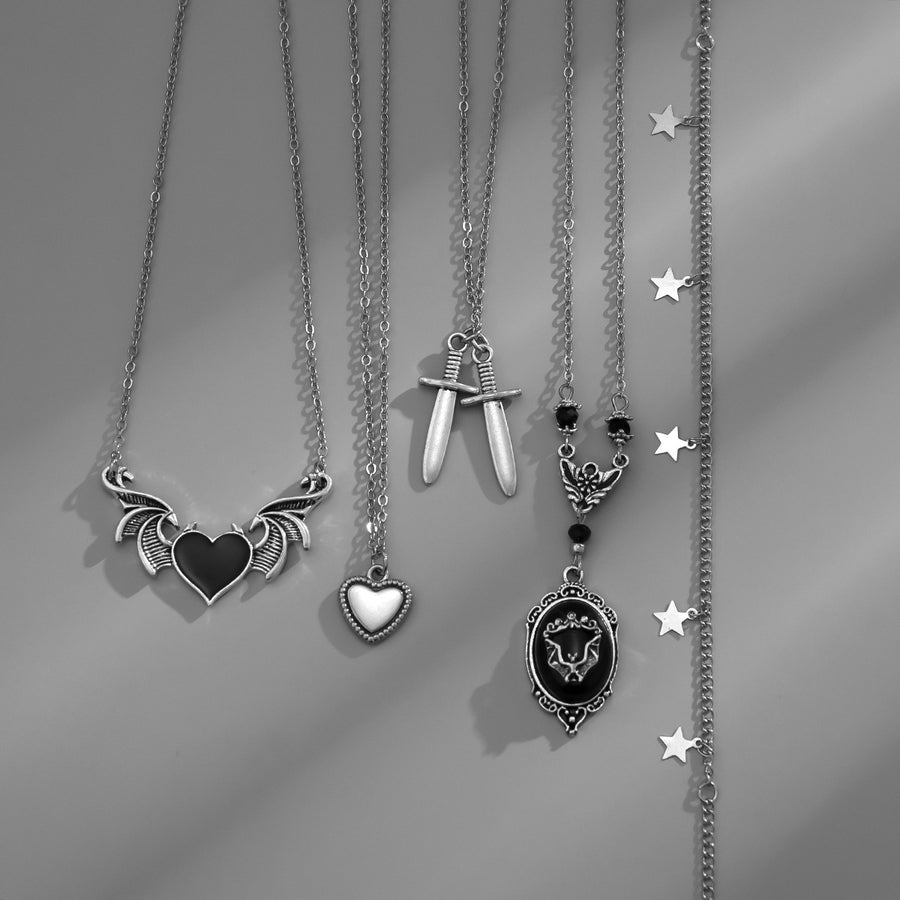 Trendy Heart & Wing Necklace - Layered Gothic Jewelry