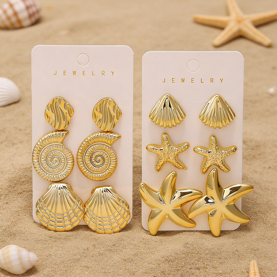 Elegant Ocean Starfish & Shell Stud Earrings Set
