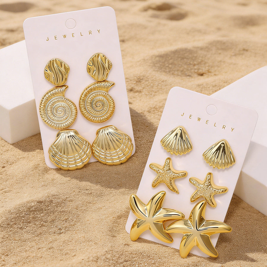 Elegant Ocean Starfish & Shell Stud Earrings Set