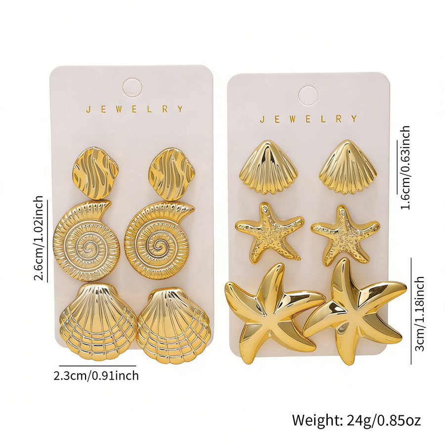 Elegant Ocean Starfish & Shell Stud Earrings Set