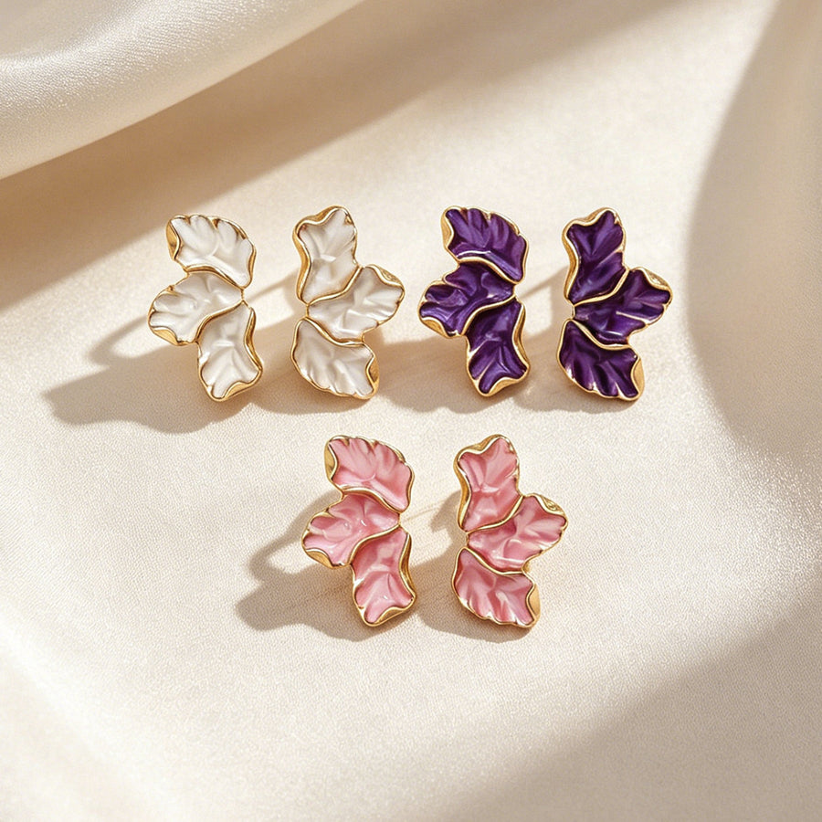 Elegant Enamel Three-leaf Petal Stud Earrings for Women