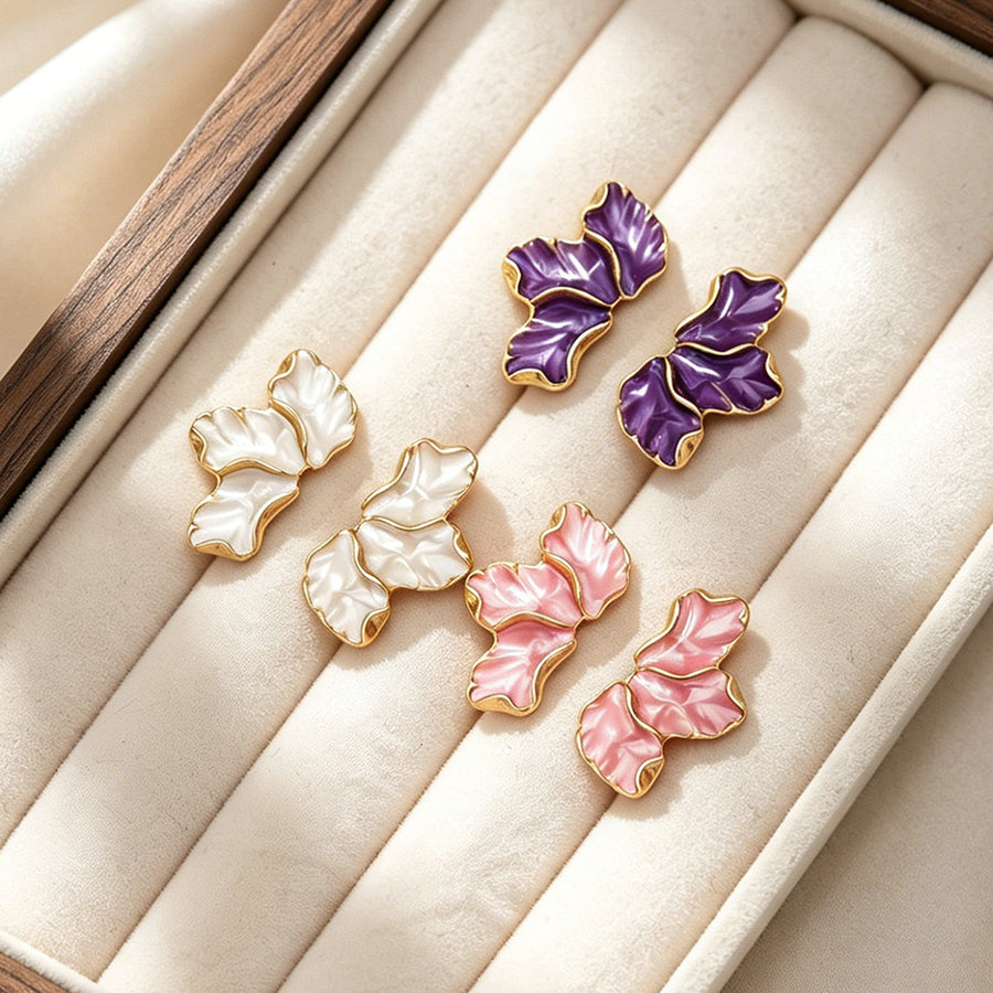 Elegant Enamel Three-leaf Petal Stud Earrings for Women