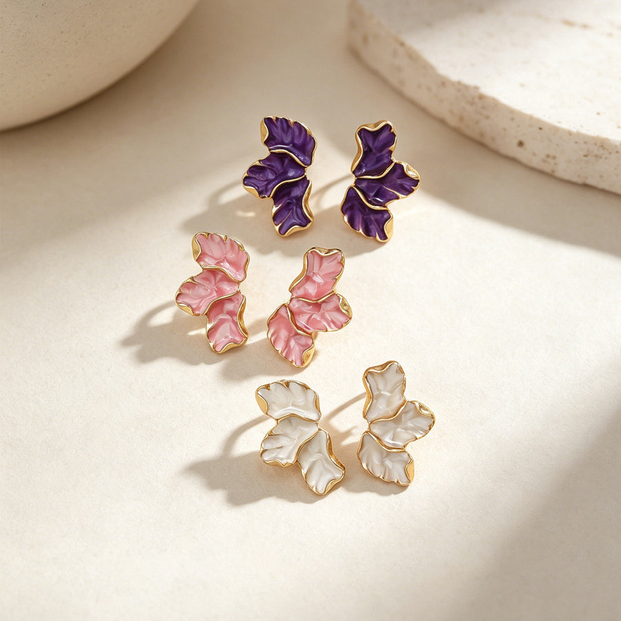 Elegant Enamel Three-leaf Petal Stud Earrings for Women