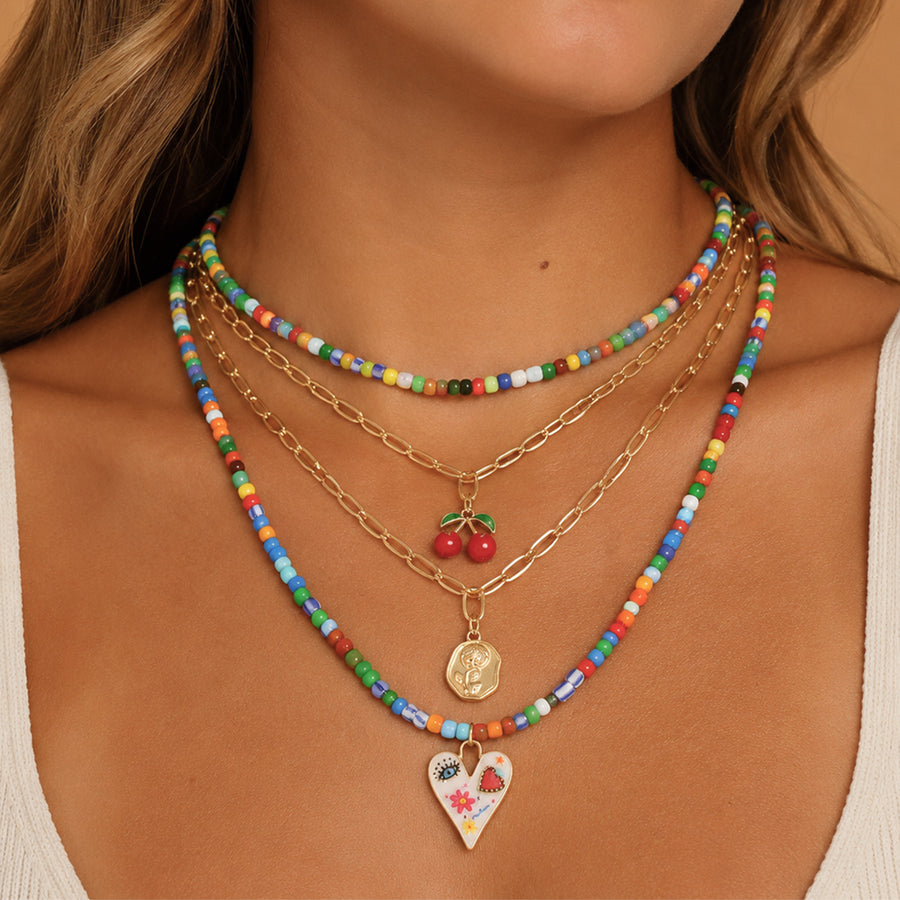 Colorful Bohemian Ethnic Women Necklace with Cherry Pendant