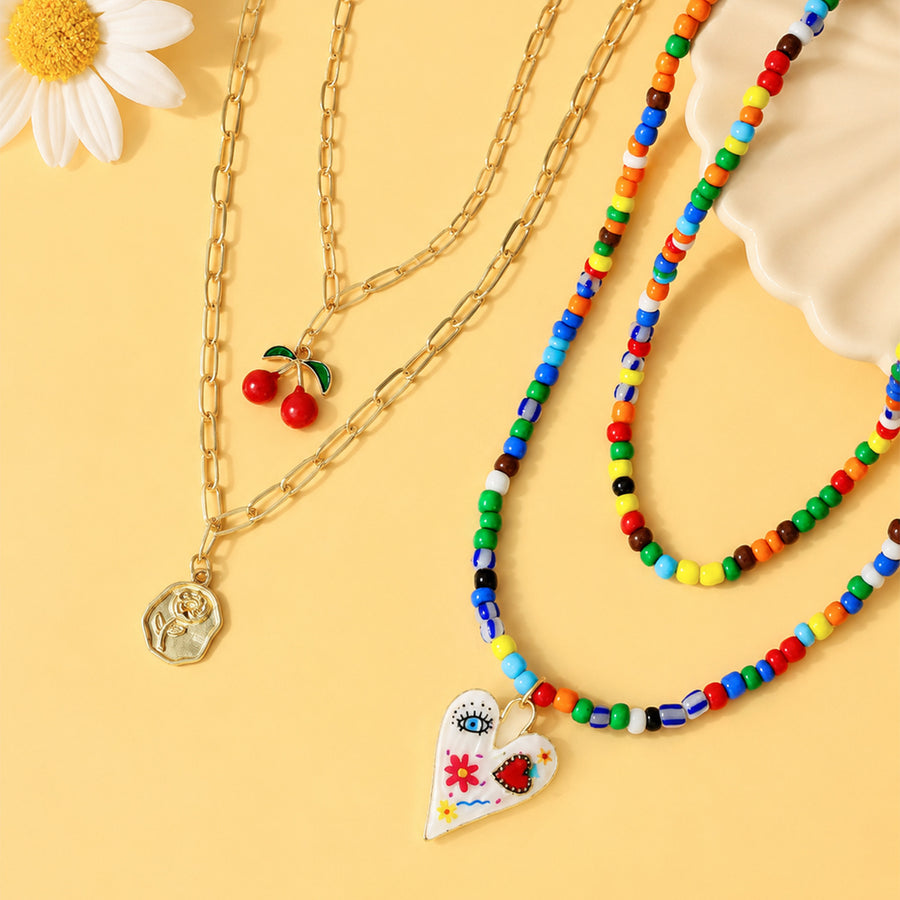 Colorful Bohemian Ethnic Women Necklace with Cherry Pendant