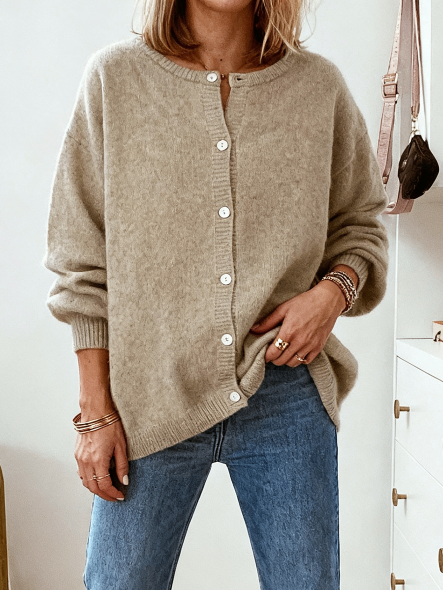 Oversized Crew Neck Button Knit Cardigan - Trendy Sweater Coat