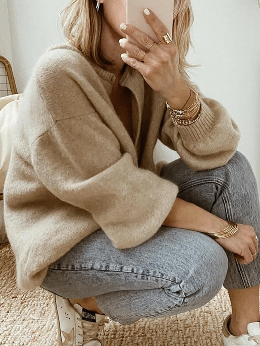 Oversized Crew Neck Button Knit Cardigan - Trendy Sweater Coat