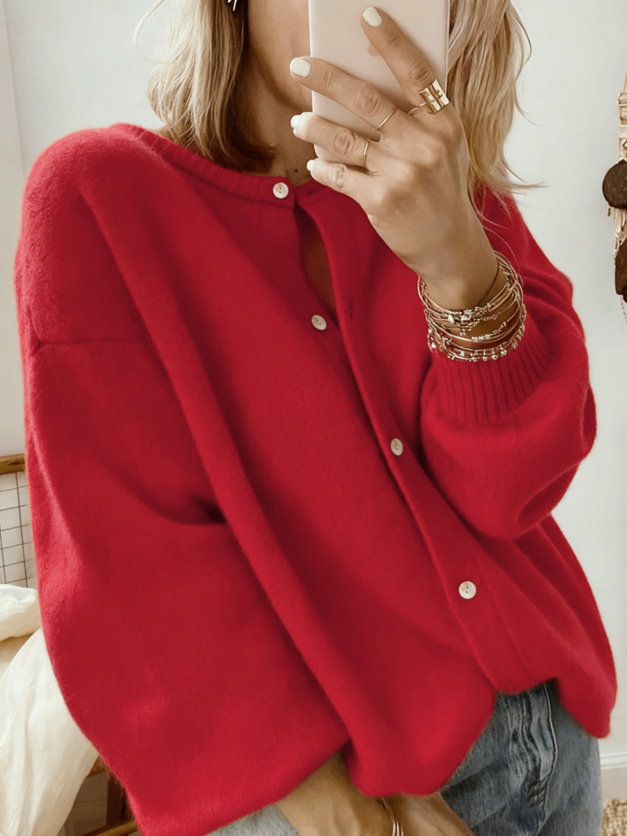 Oversized Crew Neck Button Knit Cardigan - Trendy Sweater Coat