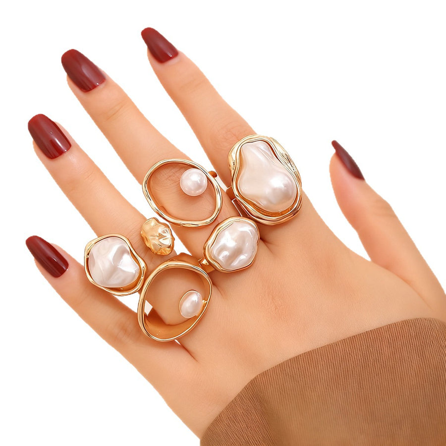 Minimalist Alloy Faux Pearl Joint Ring Set for Women