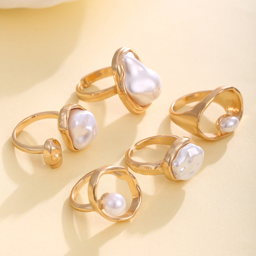 Minimalist Alloy Faux Pearl Joint Ring Set for Women