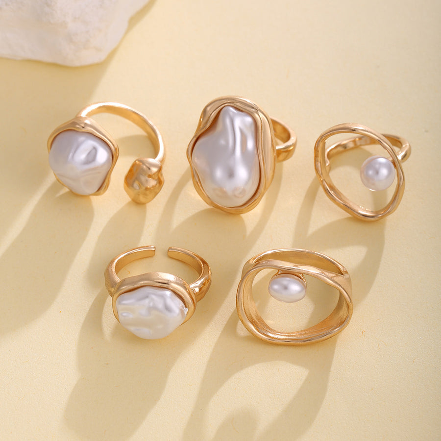 Minimalist Alloy Faux Pearl Joint Ring Set for Women