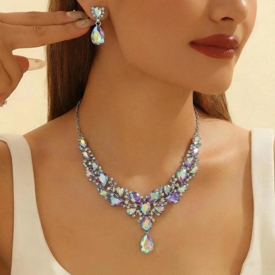 Exaggerated Rhinestone Bridal Necklace & Earring Set for Dress
