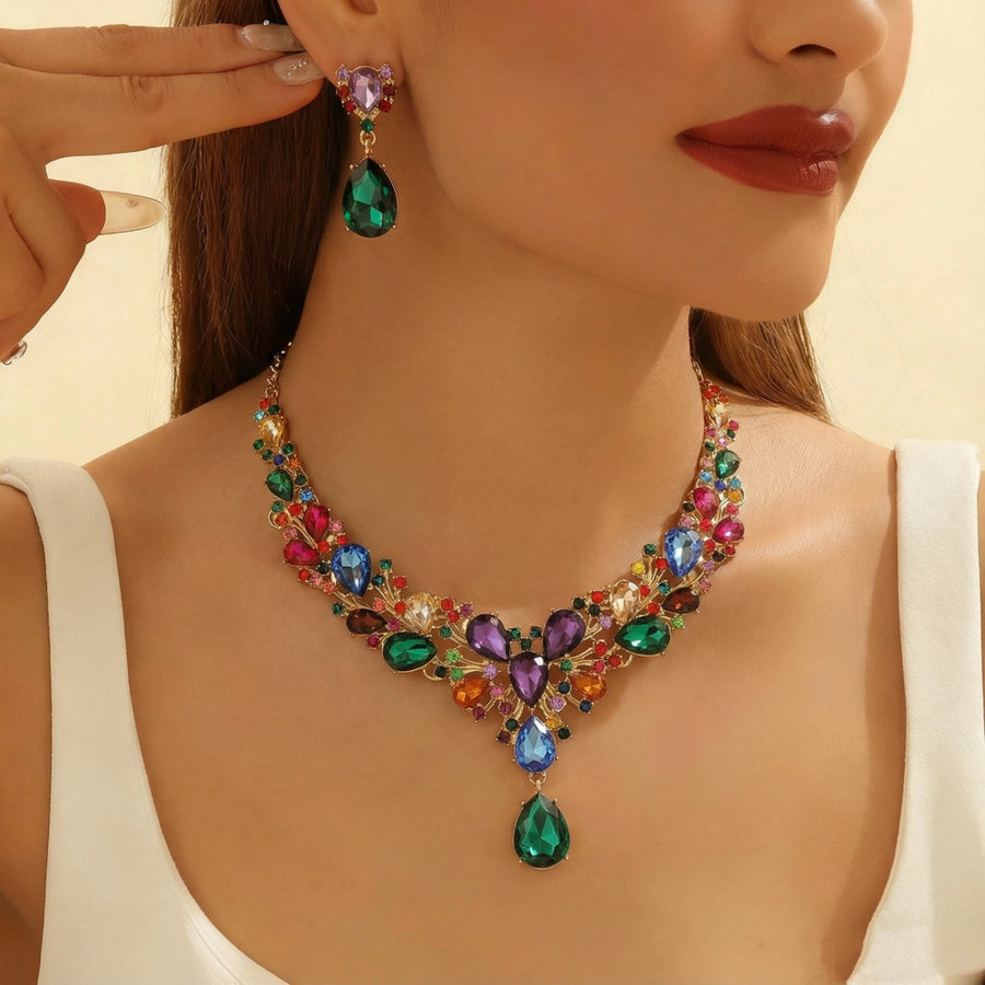 Exaggerated Rhinestone Bridal Necklace & Earring Set for Dress