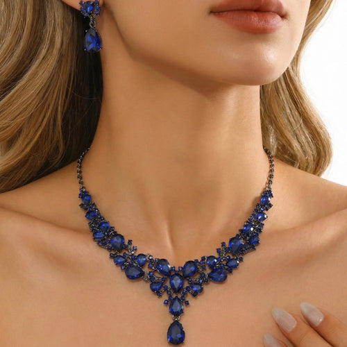 Exaggerated Rhinestone Bridal Necklace & Earring Set for Dress