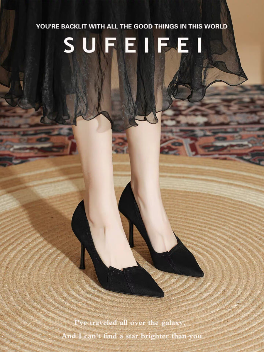 2026 Autumn French Style High Heels - Pointed Toe Black Pumps