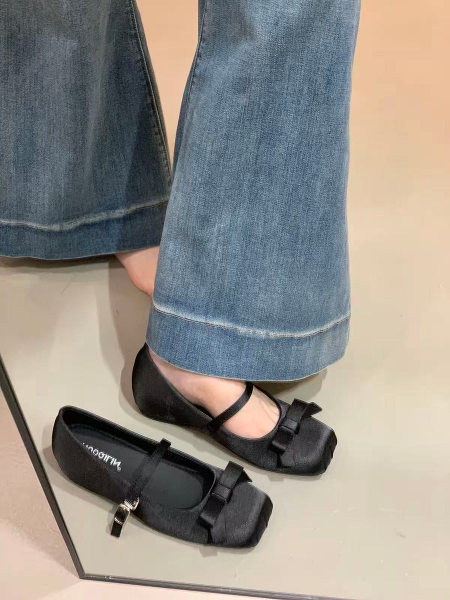 Women French Gentle Satin Ribbon Bow Mary Jane Flats
