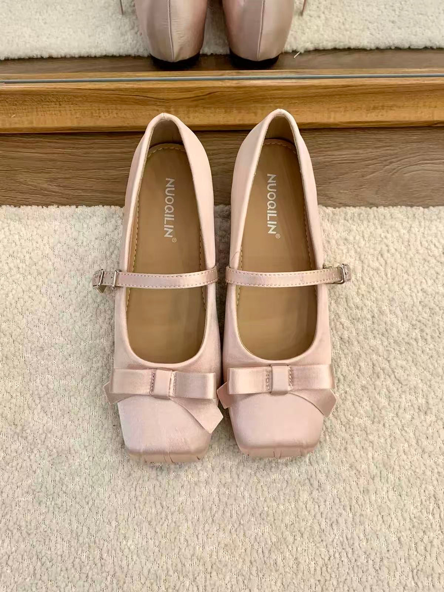 Women French Gentle Satin Ribbon Bow Mary Jane Flats