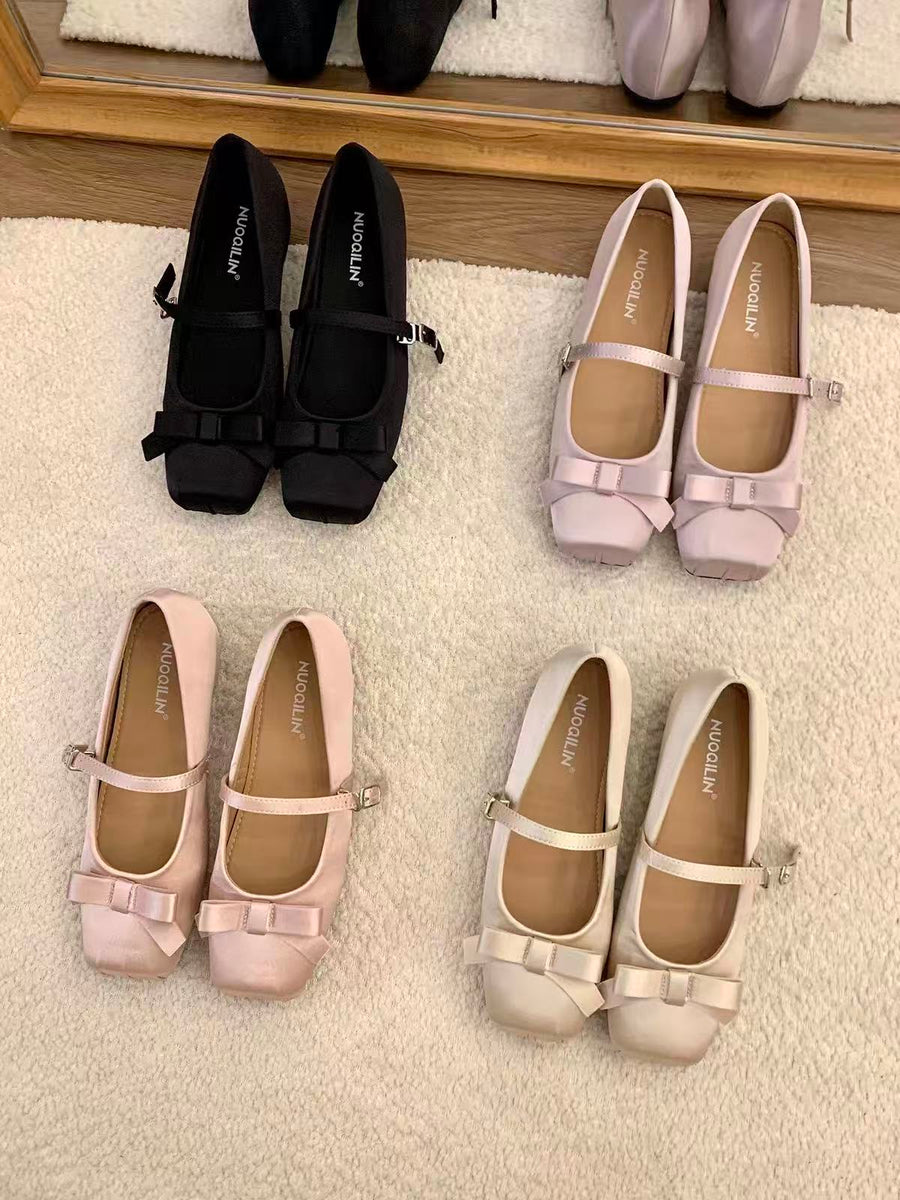 Women French Gentle Satin Ribbon Bow Mary Jane Flats