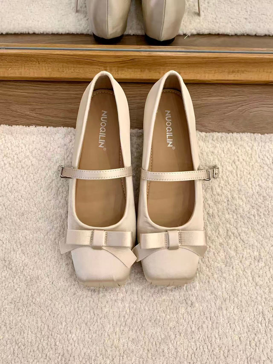 Women French Gentle Satin Ribbon Bow Mary Jane Flats