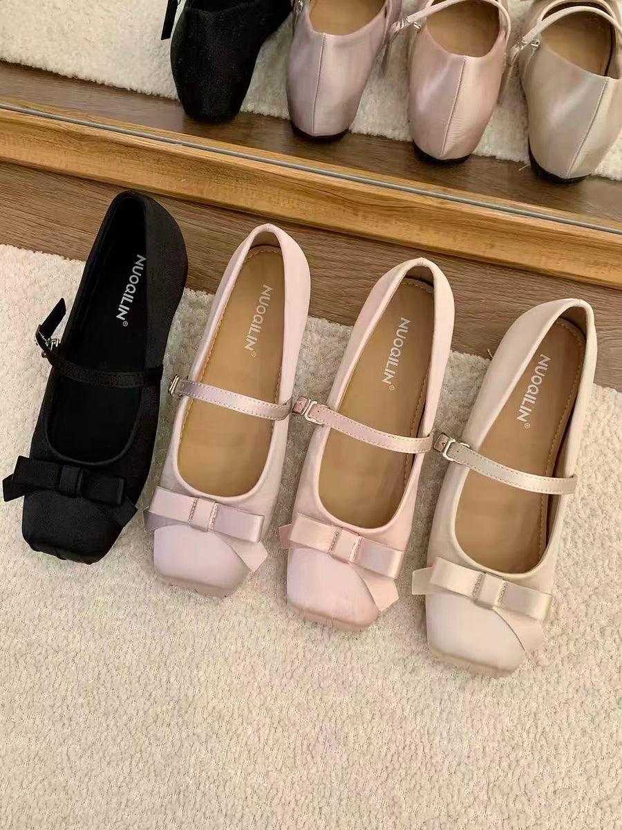 Women French Gentle Satin Ribbon Bow Mary Jane Flats
