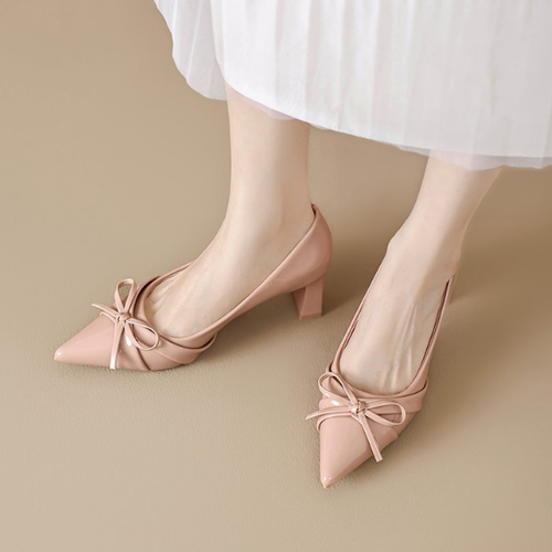 Pointed Toe Patent Leather French Bow High Heels for Women