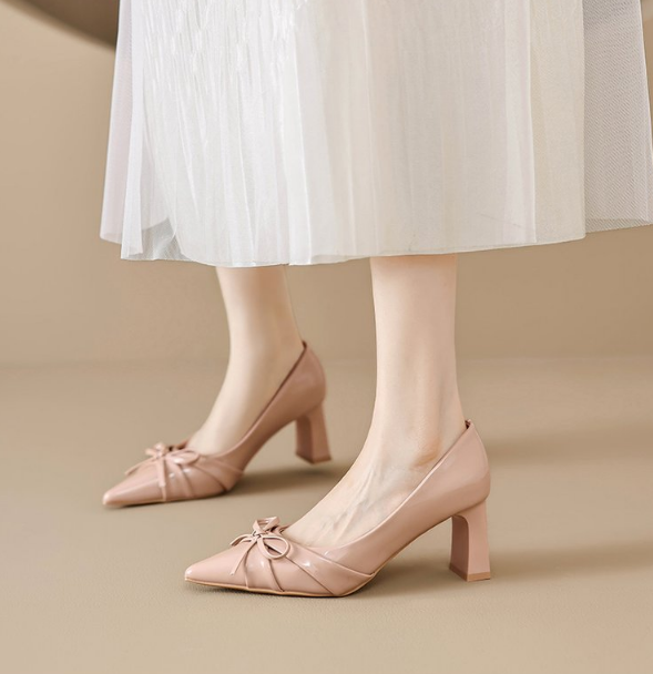 Pointed Toe Patent Leather French Bow High Heels for Women