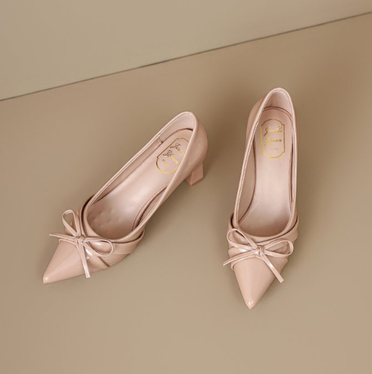 Pointed Toe Patent Leather French Bow High Heels for Women
