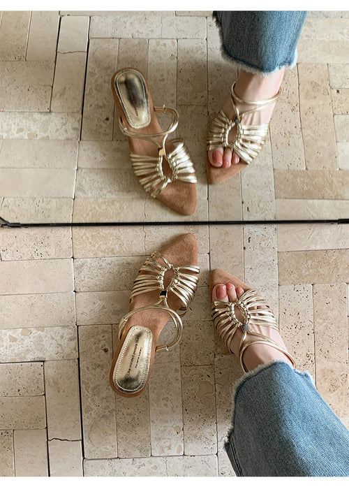 Women Vintage French Pointed Toe Wedge Slide Sandals