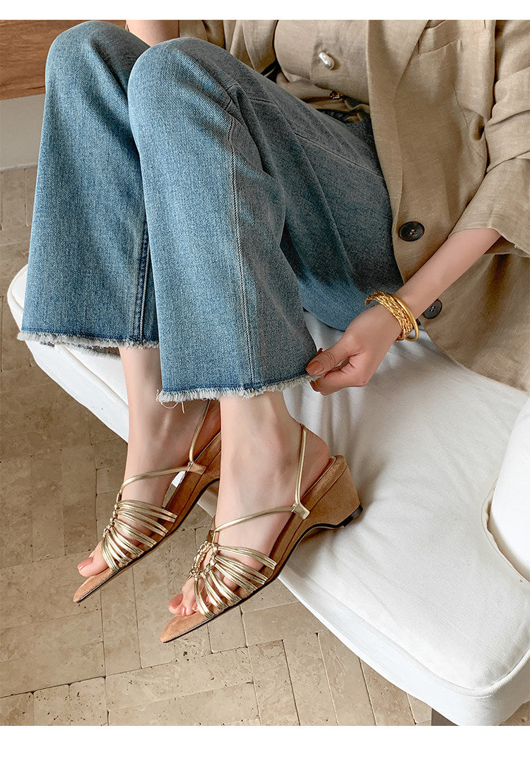 Women Vintage French Pointed Toe Wedge Slide Sandals