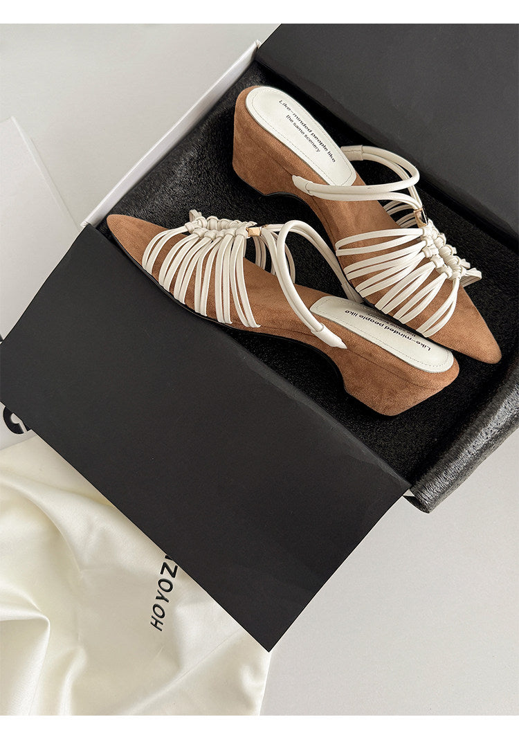 Women Vintage French Pointed Toe Wedge Slide Sandals