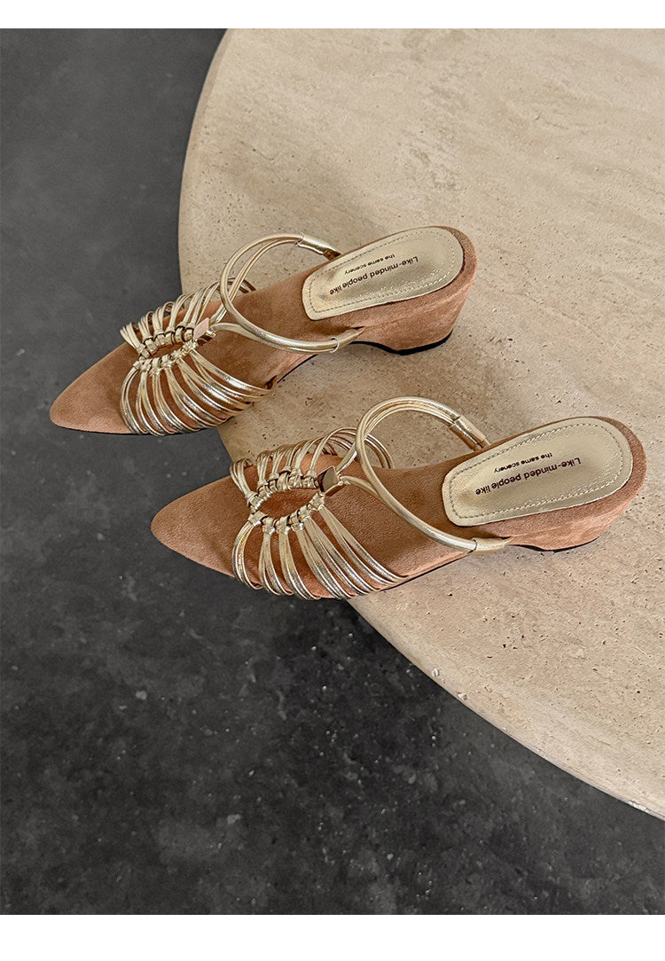 Women Vintage French Pointed Toe Wedge Slide Sandals