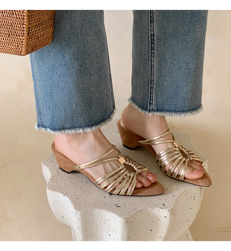 Women Vintage French Pointed Toe Wedge Slide Sandals
