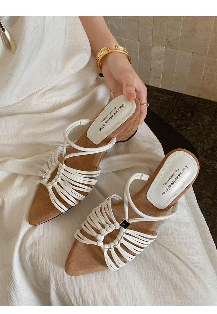 Women Vintage French Pointed Toe Wedge Slide Sandals