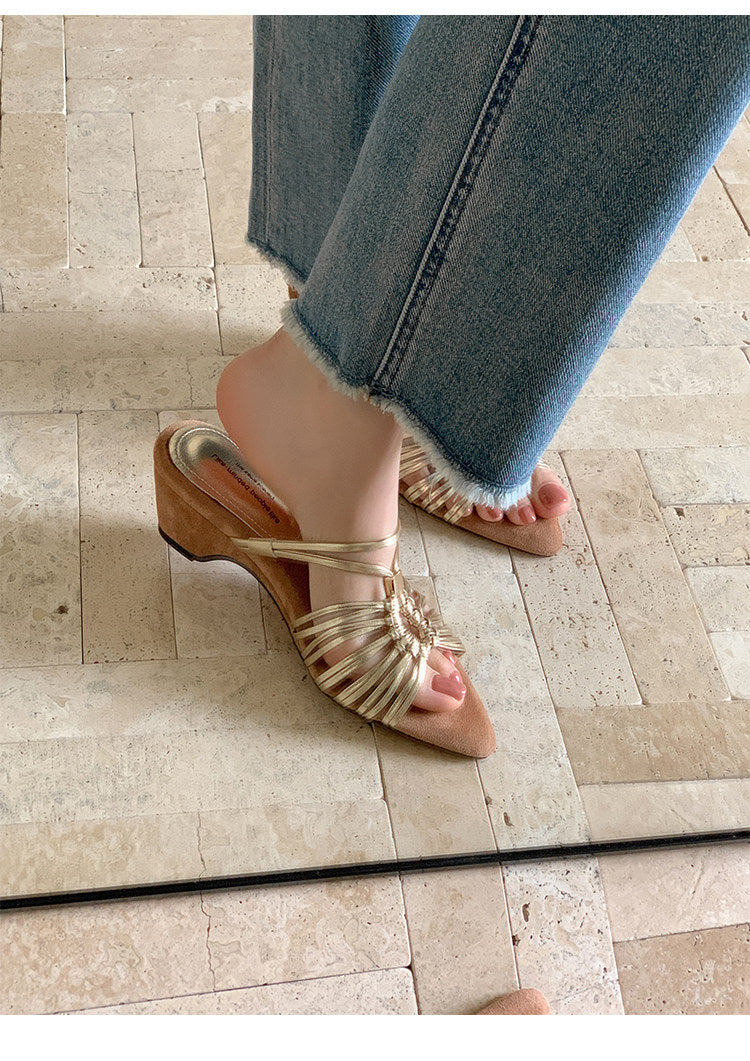 Women Vintage French Pointed Toe Wedge Slide Sandals