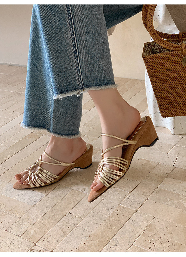 Women Vintage French Pointed Toe Wedge Slide Sandals