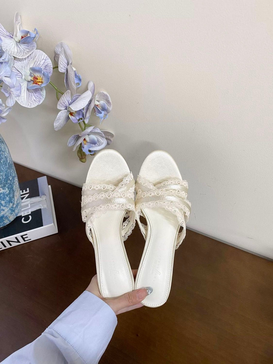 2026 New Hollow Out Satin Lace Ruffle Stiletto Sandals
