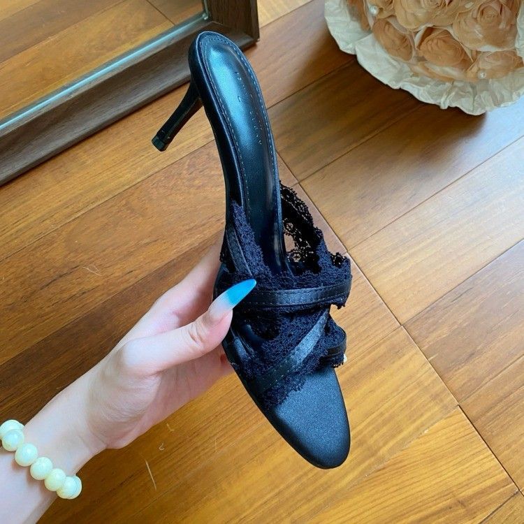 2026 New Hollow Out Satin Lace Ruffle Stiletto Sandals
