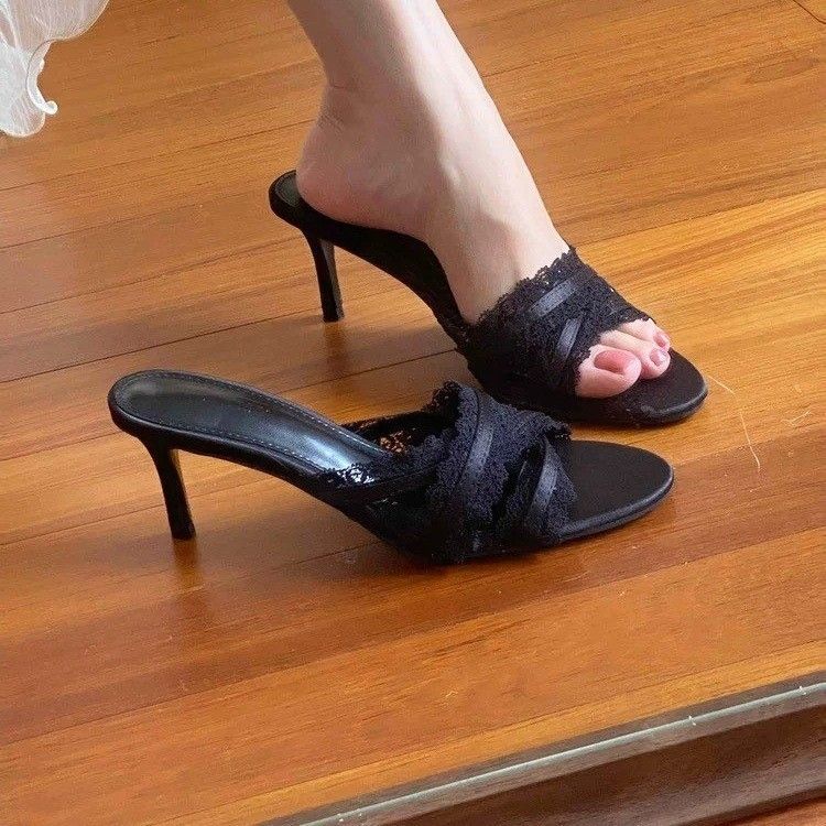 2026 New Hollow Out Satin Lace Ruffle Stiletto Sandals
