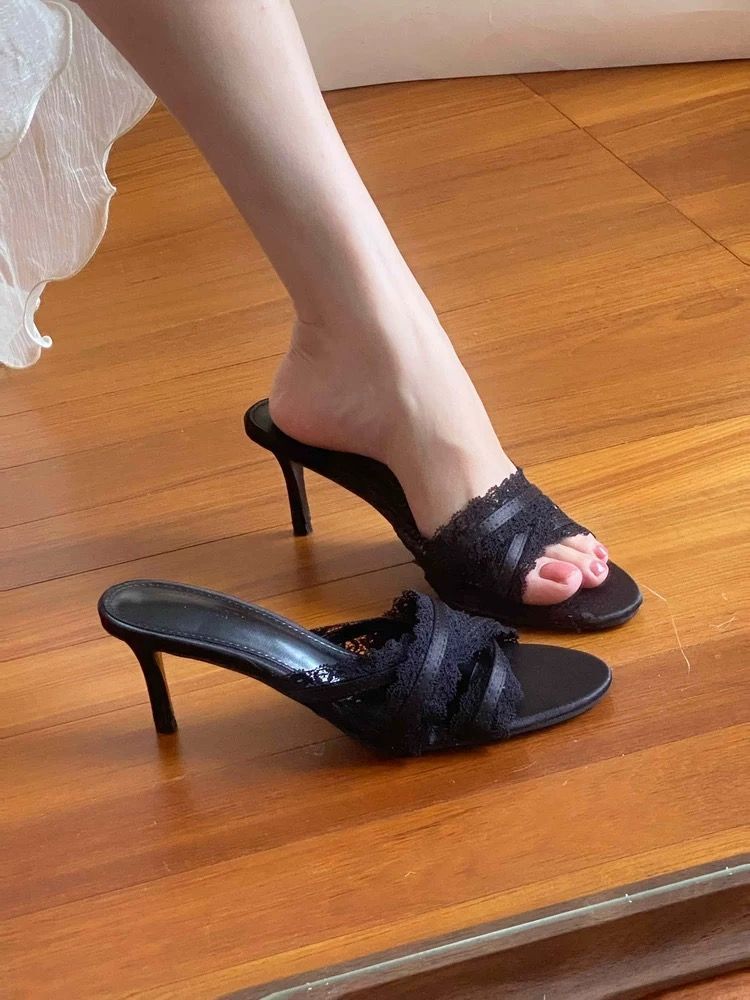 2026 New Hollow Out Satin Lace Ruffle Stiletto Sandals