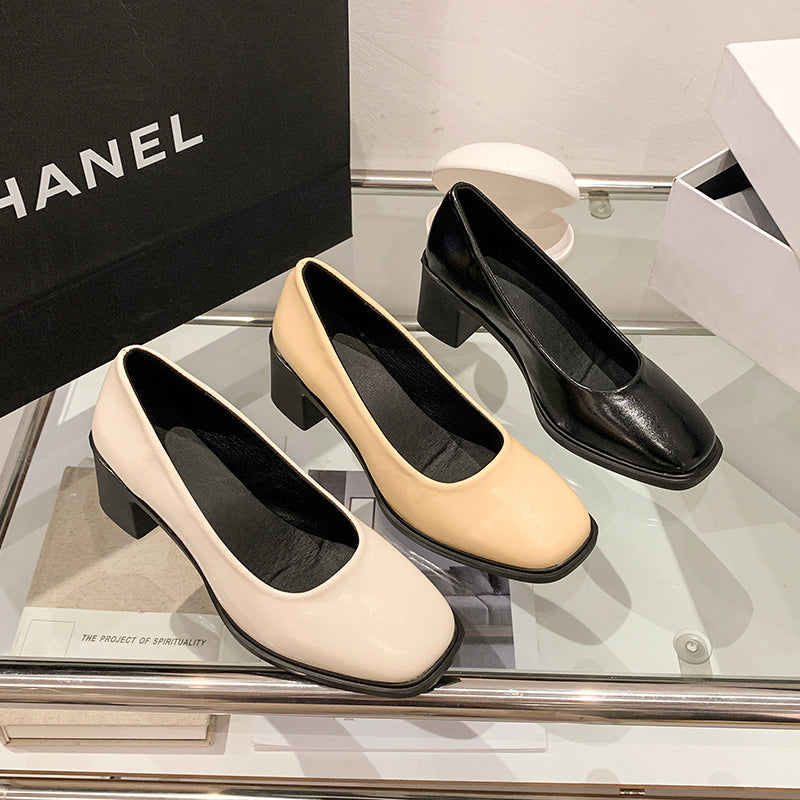 Women French Retro Square Toe High Heels - Soft Leather Pumps