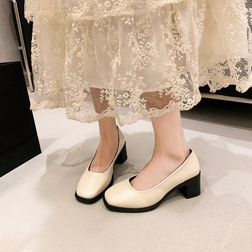 Women French Retro Square Toe High Heels - Soft Leather Pumps