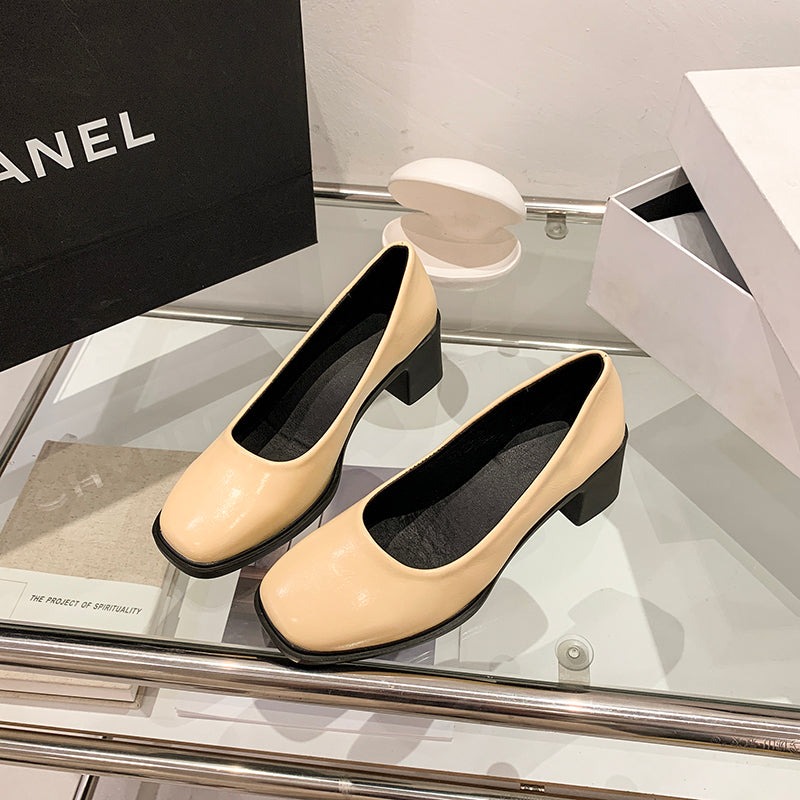 Women French Retro Square Toe High Heels - Soft Leather Pumps