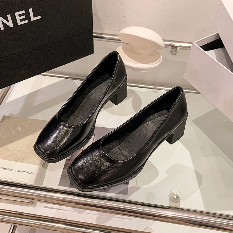 Women French Retro Square Toe High Heels - Soft Leather Pumps