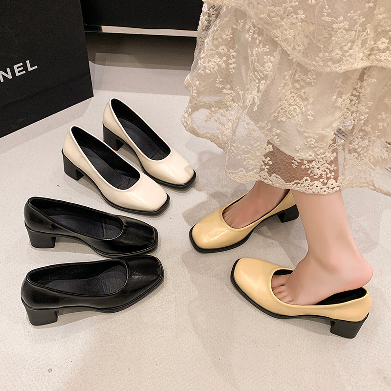 Women French Retro Square Toe High Heels - Soft Leather Pumps